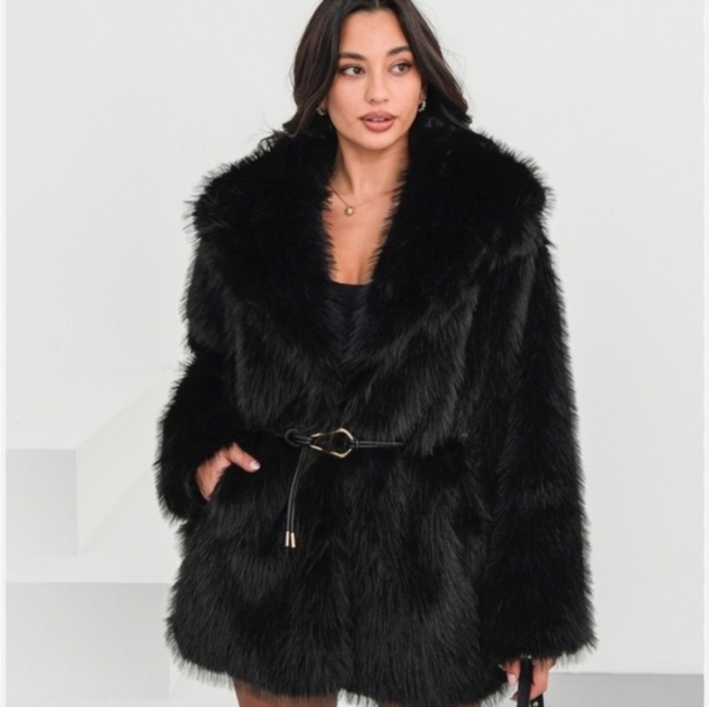 Zara FAUX FUR COAT WITH BELT BLACK - Picture 4 of 16